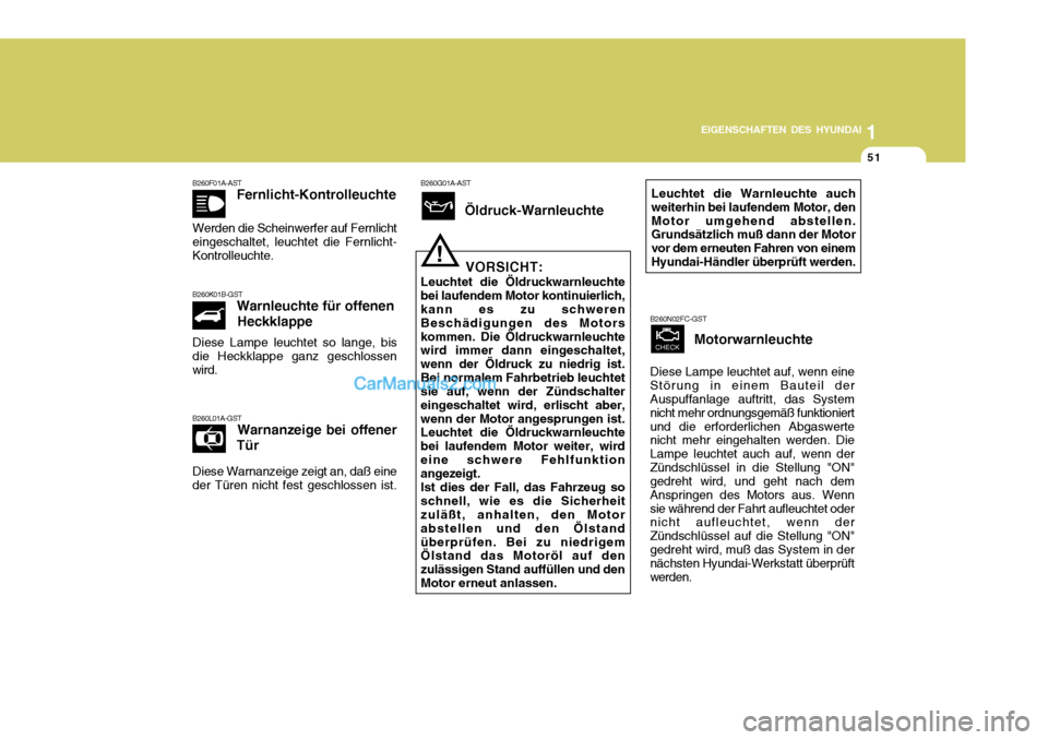 Hyundai Matrix 2007  Betriebsanleitung (in German) 1
EIGENSCHAFTEN DES HYUNDAI
51
1
EIGENSCHAFTEN DES HYUNDAI
51
1
EIGENSCHAFTEN DES HYUNDAI
51
B260F01A-AST Fernlicht-Kontrolleuchte
Werden die Scheinwerfer auf Fernlicht eingeschaltet, leuchtet die Fer