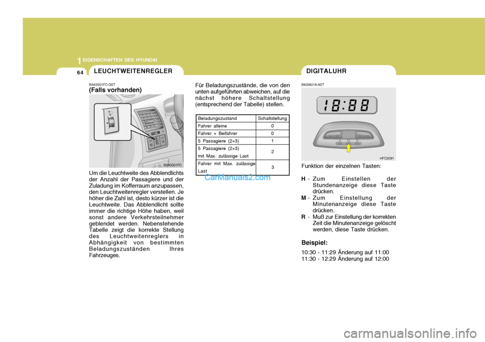 Hyundai Matrix 2007  Betriebsanleitung (in German) 1EIGENSCHAFTEN DES HYUNDAI
64DIGITALUHR
B400A01A-AST Funktion der einzelnen Tasten:
H - Zum Einstellen der
Stundenanzeige diese Taste drücken.
M - Zum Einstellung der
Minutenanzeige diese Taste drüc