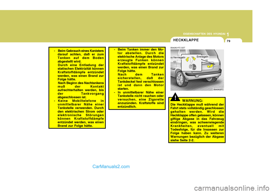 Hyundai Matrix 2007 Betriebsanleitung (in German) 1
EIGENSCHAFTEN DES HYUNDAI
79
1
EIGENSCHAFTEN DES HYUNDAI
79
1
EIGENSCHAFTEN DES HYUNDAI
79
- Beim Gebrauch eines Kanisters
darauf achten, daß er zum Tanken auf dem Bodenabgestellt wird.
Durch eine Hyundai Matrix 2007 Betriebsanleitung (in German) 1
EIGENSCHAFTEN DES HYUNDAI
79
1
EIGENSCHAFTEN DES HYUNDAI
79
1
EIGENSCHAFTEN DES HYUNDAI
79
- Beim Gebrauch eines Kanisters
darauf achten, daß er zum Tanken auf dem Bodenabgestellt wird.
Durch eine