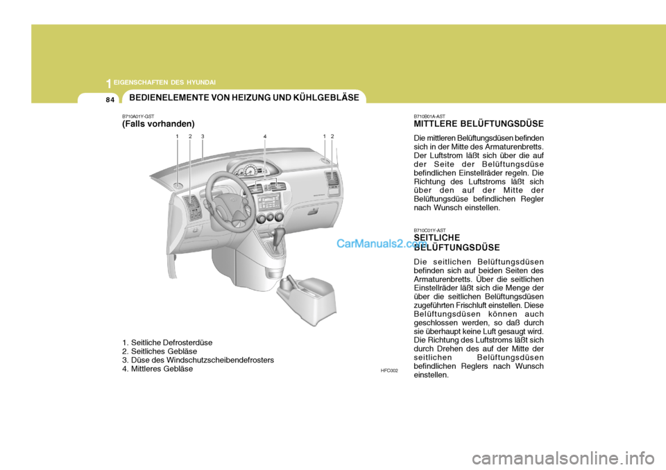 Hyundai Matrix 2007 Betriebsanleitung (in German) 1EIGENSCHAFTEN DES HYUNDAI
84
B710B01A-AST MITTLERE BELÜFTUNGSDÜSE Die mittleren Belüftungsdüsen befinden
sich in der Mitte des Armaturenbretts.
Der Luftstrom läßt sich über die auf
der Seite d Hyundai Matrix 2007 Betriebsanleitung (in German) 1EIGENSCHAFTEN DES HYUNDAI
84
B710B01A-AST MITTLERE BELÜFTUNGSDÜSE Die mittleren Belüftungsdüsen befinden
sich in der Mitte des Armaturenbretts.
Der Luftstrom läßt sich über die auf
der Seite d