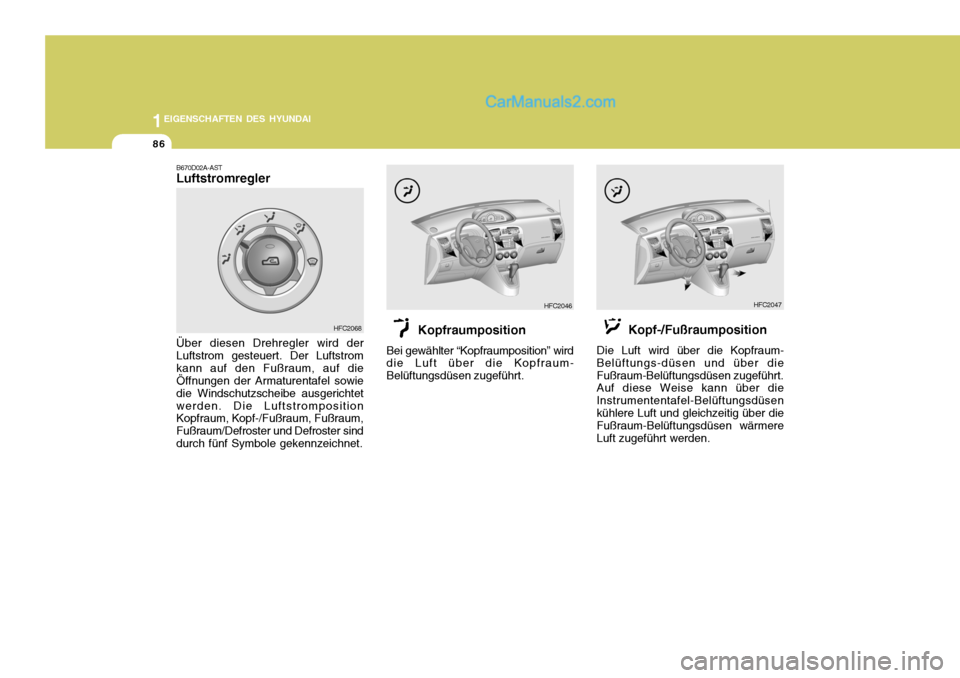 Hyundai Matrix 2007 Betriebsanleitung (in German) 1EIGENSCHAFTEN DES HYUNDAI
86
HFC2068 HFC2046 Kopfraumposition Bei gewählter “Kopfraumposition” wird die Luft über die Kopfraum- Belüftungsdüsen zugeführt.
B670D02A-AST Luftstromregle Hyundai Matrix 2007 Betriebsanleitung (in German) 1EIGENSCHAFTEN DES HYUNDAI
86
HFC2068 HFC2046 Kopfraumposition Bei gewählter “Kopfraumposition” wird die Luft über die Kopfraum- Belüftungsdüsen zugeführt.
B670D02A-AST Luftstromregle
