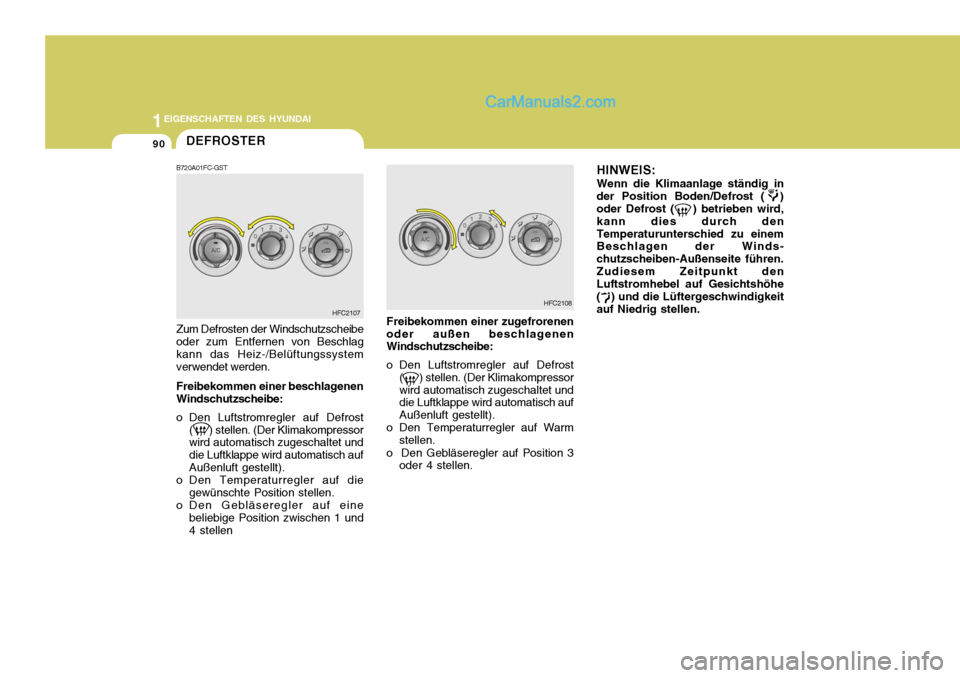 Hyundai Matrix 2007 Betriebsanleitung (in German) 1EIGENSCHAFTEN DES HYUNDAI
90DEFROSTER
B720A01FC-GST Zum Defrosten der Windschutzscheibe oder zum Entfernen von Beschlag kann das Heiz-/Belüftungssystem verwendet werden. Freibekommen einer beschlage Hyundai Matrix 2007 Betriebsanleitung (in German) 1EIGENSCHAFTEN DES HYUNDAI
90DEFROSTER
B720A01FC-GST Zum Defrosten der Windschutzscheibe oder zum Entfernen von Beschlag kann das Heiz-/Belüftungssystem verwendet werden. Freibekommen einer beschlage