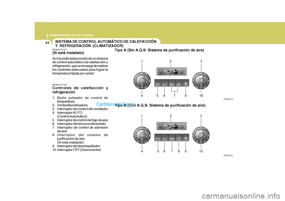 Hyundai Matrix 2007 Manual del propietario (in Spanish) 1COMPONENTES DE SU HYUNDAI
94
B970B01FC-GYT Controles de calefacción y refrigeración
1. Botón pulsador de control detemperatura
2. Ventanilla indicadora
3. Interruptor de control del ventilador
Hyundai Matrix 2007 Manual del propietario (in Spanish) 1COMPONENTES DE SU HYUNDAI
94
B970B01FC-GYT Controles de calefacción y refrigeración
1. Botón pulsador de control detemperatura
2. Ventanilla indicadora
3. Interruptor de control del ventilador