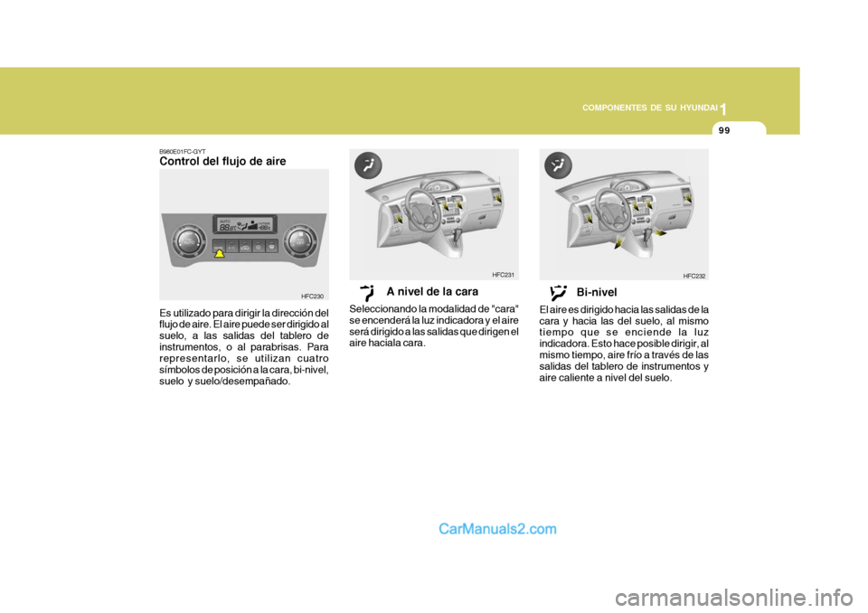 Hyundai Matrix 2007 Manual del propietario (in Spanish) 1
COMPONENTES DE SU HYUNDAI
99
B980E01FC-GYT Control del flujo de aire Es utilizado para dirigir la dirección del flujo de aire. El aire puede ser dirigido al suelo, a las salidas del tablero deinstr Hyundai Matrix 2007 Manual del propietario (in Spanish) 1
COMPONENTES DE SU HYUNDAI
99
B980E01FC-GYT Control del flujo de aire Es utilizado para dirigir la dirección del flujo de aire. El aire puede ser dirigido al suelo, a las salidas del tablero deinstr