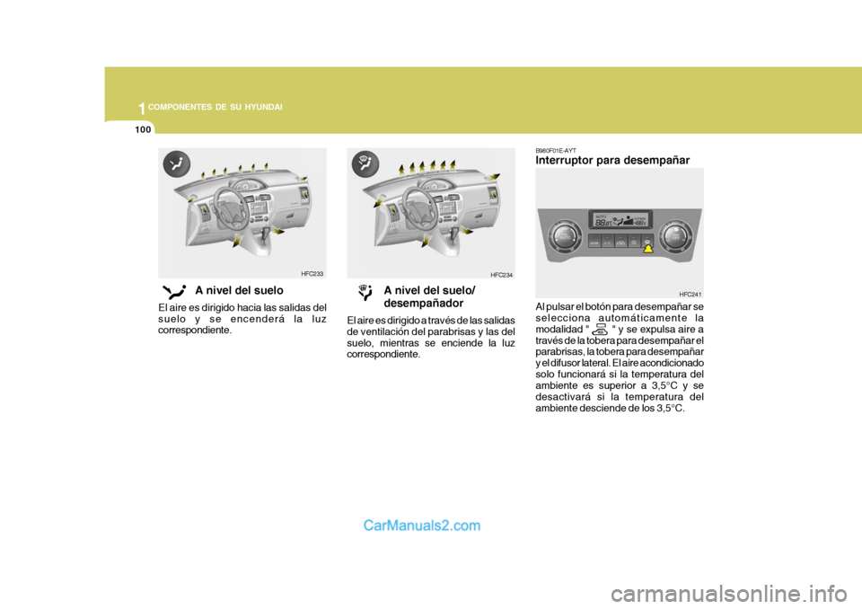 Hyundai Matrix 2007 Manual del propietario (in Spanish) 1COMPONENTES DE SU HYUNDAI
100
B980F01E-AYT Interruptor para desempañar Al pulsar el botón para desempañar se selecciona automáticamente la modalidad " " y se expulsa aire através de la to Hyundai Matrix 2007 Manual del propietario (in Spanish) 1COMPONENTES DE SU HYUNDAI
100
B980F01E-AYT Interruptor para desempañar Al pulsar el botón para desempañar se selecciona automáticamente la modalidad " " y se expulsa aire através de la to