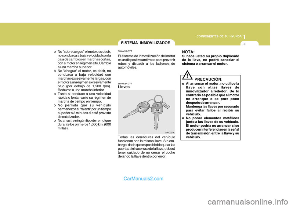 Hyundai Matrix 2007 Manual del propietario (in Spanish) 1
COMPONENTES DE SU HYUNDAI
5
o No "sobrecargue" el motor, es decir, no conduzca a baja velocidad con la caja de cambios en marchas cortas, con el motor en régimen alto. Cambie a una marcha superior. Hyundai Matrix 2007 Manual del propietario (in Spanish) 1
COMPONENTES DE SU HYUNDAI
5
o No "sobrecargue" el motor, es decir, no conduzca a baja velocidad con la caja de cambios en marchas cortas, con el motor en régimen alto. Cambie a una marcha superior.