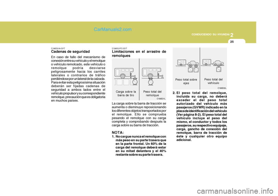 Hyundai Matrix 2007 Manual del propietario (in Spanish) 2
CONDUCIENDO SU HYUNDAI
25
C190D01A-GYT Cadenas de seguridad En caso de fallo del mecanismo de conexión entre su vehículo y el remolqueo vehículo remolcado, este vehículo o remolque podría desv Hyundai Matrix 2007 Manual del propietario (in Spanish) 2
CONDUCIENDO SU HYUNDAI
25
C190D01A-GYT Cadenas de seguridad En caso de fallo del mecanismo de conexión entre su vehículo y el remolqueo vehículo remolcado, este vehículo o remolque podría desv
