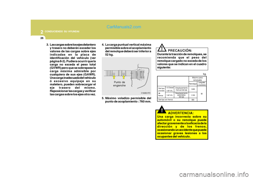 Hyundai Matrix 2007 Manual del propietario (in Spanish) 2 CONDUCIENDO SU HYUNDAI
26
!
3. Las cargas sobre los ejes delantero
y trasero no deberán exceder los valores de las cargas sobre ejes indicadas en la placa de identificación del vehículo (verpági Hyundai Matrix 2007 Manual del propietario (in Spanish) 2 CONDUCIENDO SU HYUNDAI
26
!
3. Las cargas sobre los ejes delantero
y trasero no deberán exceder los valores de las cargas sobre ejes indicadas en la placa de identificación del vehículo (verpági