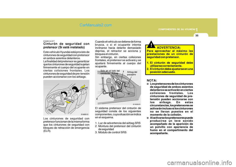 Hyundai Matrix 2007 Manual del propietario (in Spanish) 1
COMPONENTES DE SU HYUNDAI
35
!
B180B02S
Solo en el lado del conductor Airbag1
2 3Airbag del pasajero
Cuando el vehículo se detiene de forma brusca, o si el ocupante intentainclinarse hacia delante Hyundai Matrix 2007 Manual del propietario (in Spanish) 1
COMPONENTES DE SU HYUNDAI
35
!
B180B02S
Solo en el lado del conductor Airbag1
2 3Airbag del pasajero
Cuando el vehículo se detiene de forma brusca, o si el ocupante intentainclinarse hacia delante