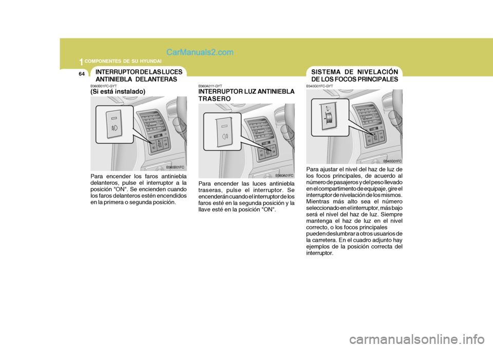 Hyundai Matrix 2007  Manual del propietario (in Spanish) 1COMPONENTES DE SU HYUNDAI
64
B360A01Y-GYT INTERRUPTOR LUZ ANTINIEBLA TRASEROINTERRUPTOR DE LAS LUCES ANTINIEBLA DELANTERAS
B360B01FC-GYT (Si está instalado) Para encender los faros antiniebla delant