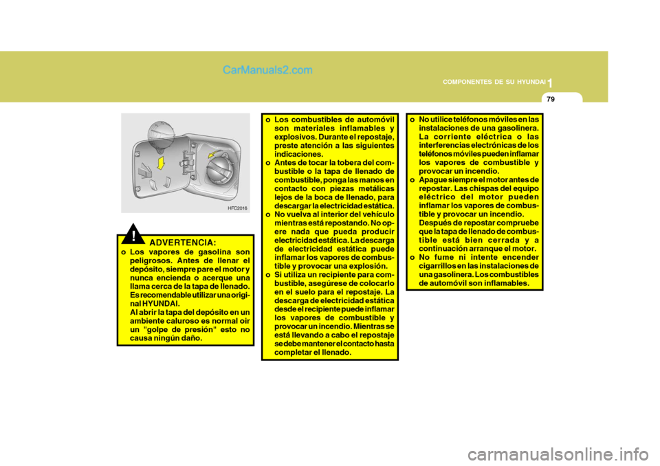Hyundai Matrix 2007  Manual del propietario (in Spanish) 1
COMPONENTES DE SU HYUNDAI
79
o Los combustibles de automóvil
son materiales inflamables y explosivos. Durante el repostaje, preste atención a las siguientesindicaciones.
o Antes de tocar la tobera