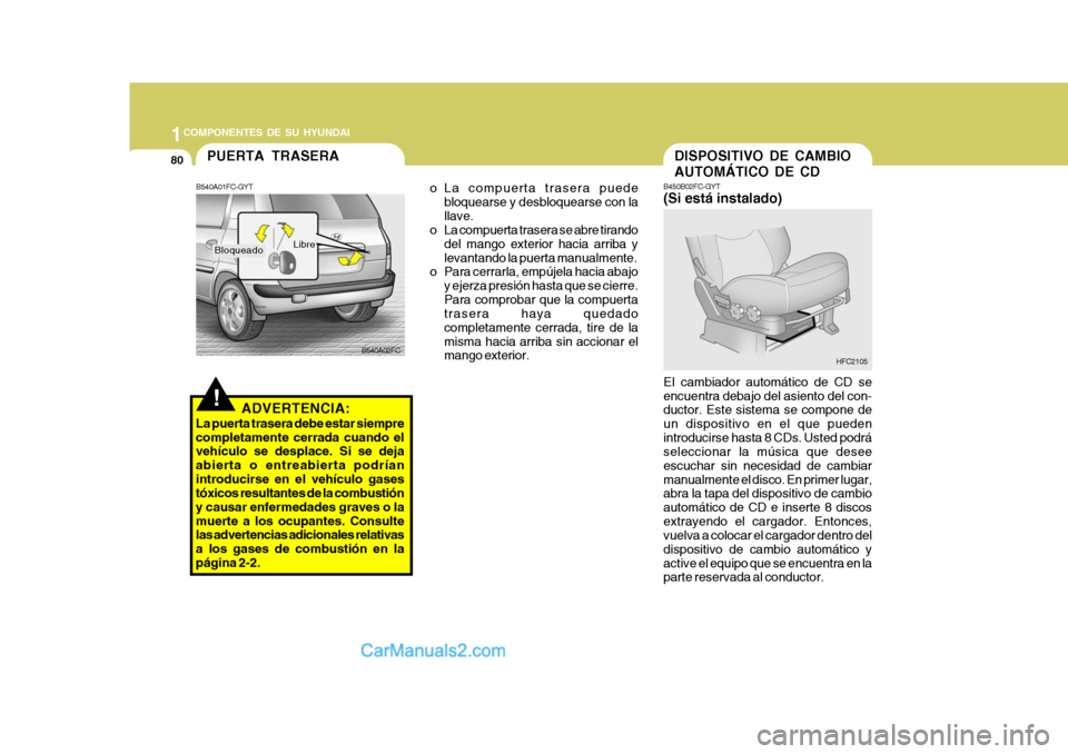 Hyundai Matrix 2007  Manual del propietario (in Spanish) 1COMPONENTES DE SU HYUNDAI
80DISPOSITIVO DE CAMBIO AUTOMÁTICO DE CD
B450B02FC-GYT (Si está instalado) El cambiador automático de CD se encuentra debajo del asiento del con- ductor. Este sistema se 