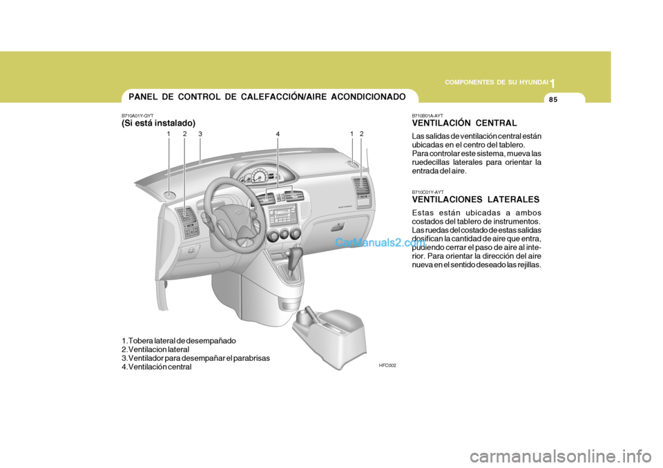 Hyundai Matrix 2007 Manual del propietario (in Spanish) 1
COMPONENTES DE SU HYUNDAI
85PANEL DE CONTROL DE CALEFACCIÓN/AIRE ACONDICIONADO
B710A01Y-GYT (Si está instalado)
HFC002
1.Tobera lateral de desempañado
2.Ventilacion lateral
3.Ventilador para de Hyundai Matrix 2007 Manual del propietario (in Spanish) 1
COMPONENTES DE SU HYUNDAI
85PANEL DE CONTROL DE CALEFACCIÓN/AIRE ACONDICIONADO
B710A01Y-GYT (Si está instalado)
HFC002
1.Tobera lateral de desempañado
2.Ventilacion lateral
3.Ventilador para de