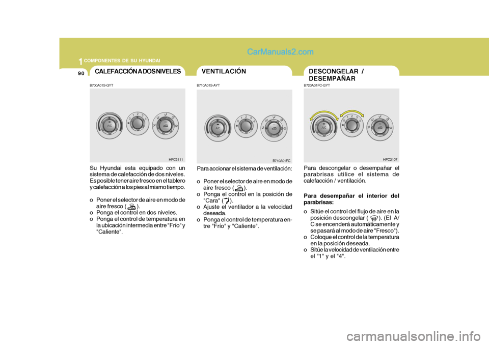 Hyundai Matrix 2007 Manual del propietario (in Spanish) 1COMPONENTES DE SU HYUNDAI
90
HFC2111
CALEFACCIÓN A DOS NIVELES
Su Hyundai esta equipado con un sistema de calefacción de dos niveles. Es posible tener aire fresco en el tableroy calefacción a los Hyundai Matrix 2007 Manual del propietario (in Spanish) 1COMPONENTES DE SU HYUNDAI
90
HFC2111
CALEFACCIÓN A DOS NIVELES
Su Hyundai esta equipado con un sistema de calefacción de dos niveles. Es posible tener aire fresco en el tableroy calefacción a los