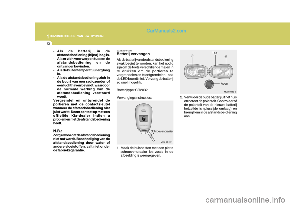 Hyundai Matrix 2007  Handleiding (in Dutch) 1BIJZONDERHEDEN VAN UW HYUNDAI
12
MSO-0048-2
Accu
MSO-0048-1
Schroevendraaier Tas
B070E02HP-GXT Batterij vervangen Als de batterij van de afstandsbediening zwak begint te worden, kan het nodigzijn om 