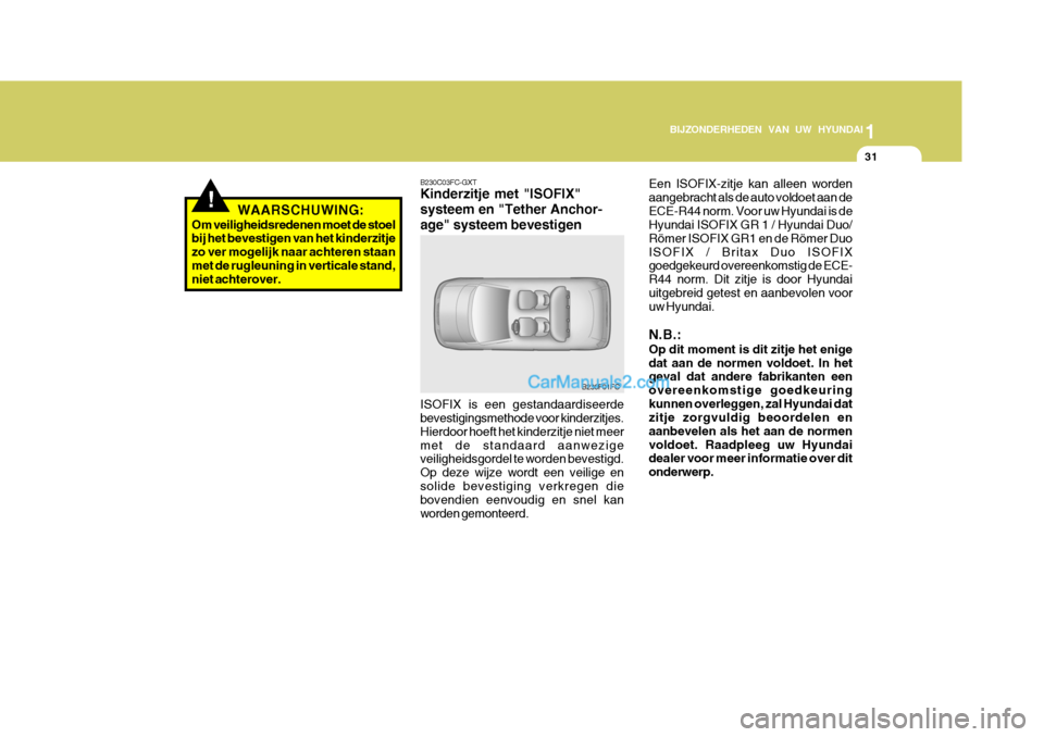 Hyundai Matrix 2007  Handleiding (in Dutch) 1
BIJZONDERHEDEN VAN UW HYUNDAI
31
Een ISOFIX-zitje kan alleen worden aangebracht als de auto voldoet aan deECE-R44 norm. Voor uw Hyundai is de Hyundai ISOFIX GR 1 / Hyundai Duo/ Römer ISOFIX GR1 en 