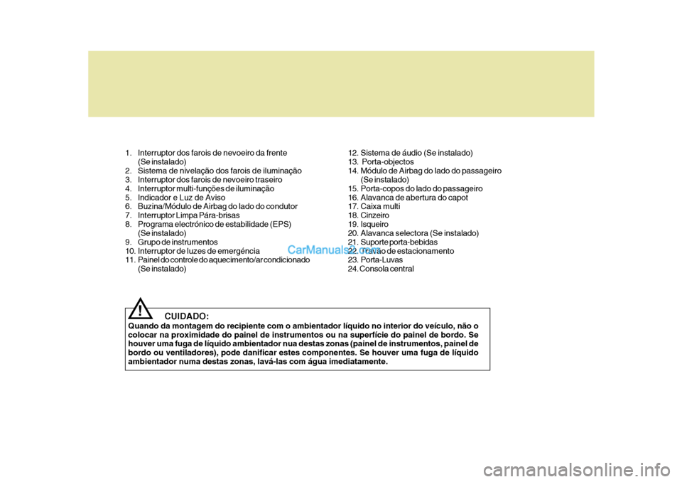 Hyundai Matrix 2007 Manual do proprietário (in Portuguese) CUIDADO:
Quando da montagem do recipiente com o ambientador líquido no interior do veículo, não o colocar na proximidade do painel de instrumentos ou na superfície do painel de bordo. Se houver Hyundai Matrix 2007 Manual do proprietário (in Portuguese) CUIDADO:
Quando da montagem do recipiente com o ambientador líquido no interior do veículo, não o colocar na proximidade do painel de instrumentos ou na superfície do painel de bordo. Se houver
