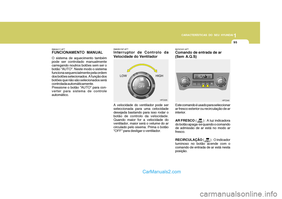 Hyundai Matrix 2007 Manual do proprietário (in Portuguese) 95
1
CARACTERÍSTICAS DO SEU HYUNDAI
95959595
B980B01NF-APT Interruptor de Controlo da Velocidade do Ventilador B670C03Y-APT Comando de entrada de ar (Sem A.Q.S)
HFC240
HFC225
B980A01Y-APT FUNCIONAMEN Hyundai Matrix 2007 Manual do proprietário (in Portuguese) 95
1
CARACTERÍSTICAS DO SEU HYUNDAI
95959595
B980B01NF-APT Interruptor de Controlo da Velocidade do Ventilador B670C03Y-APT Comando de entrada de ar (Sem A.Q.S)
HFC240
HFC225
B980A01Y-APT FUNCIONAMEN