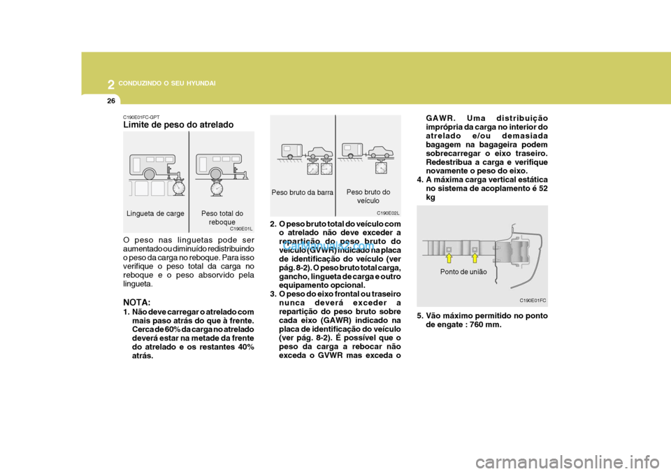 Hyundai Matrix 2007 Manual do proprietário (in Portuguese) 2 CONDUZINDO O SEU HYUNDAI
26
Ponto de união
C190E01FC
GAWR. Uma distribuição imprópria da carga no interior doatrelado e/ou demasiada bagagem na bagageira podem sobrecarregar o eixo traseiro.Rede Hyundai Matrix 2007 Manual do proprietário (in Portuguese) 2 CONDUZINDO O SEU HYUNDAI
26
Ponto de união
C190E01FC
GAWR. Uma distribuição imprópria da carga no interior doatrelado e/ou demasiada bagagem na bagageira podem sobrecarregar o eixo traseiro.Rede