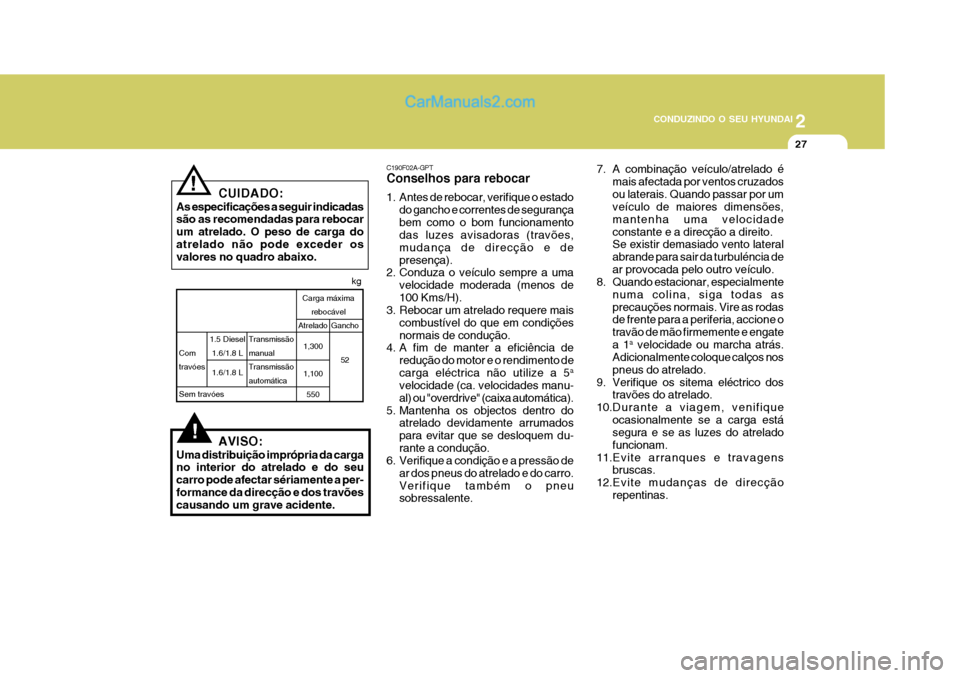 Hyundai Matrix 2007 Manual do proprietário (in Portuguese) 2
CONDUZINDO O SEU HYUNDAI
27
!AVISO:
Uma distribuição imprópria da carga no interior do atrelado e do seu carro pode afectar sériamente a per-formance da direcção e dos travões causando um gr Hyundai Matrix 2007 Manual do proprietário (in Portuguese) 2
CONDUZINDO O SEU HYUNDAI
27
!AVISO:
Uma distribuição imprópria da carga no interior do atrelado e do seu carro pode afectar sériamente a per-formance da direcção e dos travões causando um gr