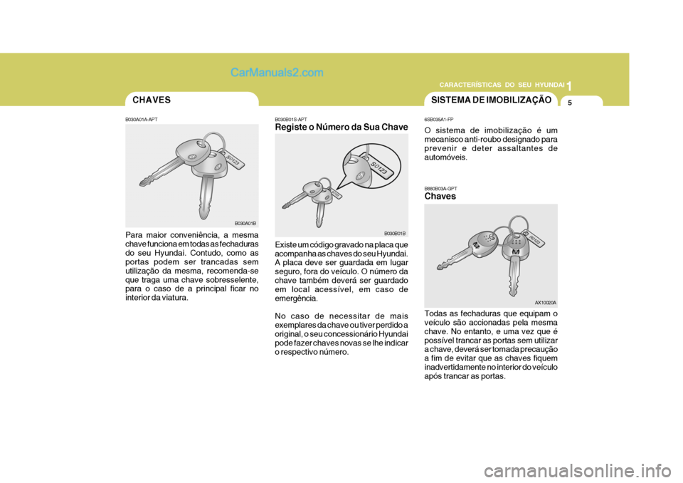 Hyundai Matrix 2007 Manual do proprietário (in Portuguese) CARACTERÍSTICAS DO SEU HYUNDAI1
5
1
5
1
5
CARACTERÍSTICAS DO SEU HYUNDAI
6SB035A1-FP O sistema de imobilização é um mecanisco anti-roubo designado para prevenir e deter assaltantes de automóveis Hyundai Matrix 2007 Manual do proprietário (in Portuguese) CARACTERÍSTICAS DO SEU HYUNDAI1
5
1
5
1
5
CARACTERÍSTICAS DO SEU HYUNDAI
6SB035A1-FP O sistema de imobilização é um mecanisco anti-roubo designado para prevenir e deter assaltantes de automóveis