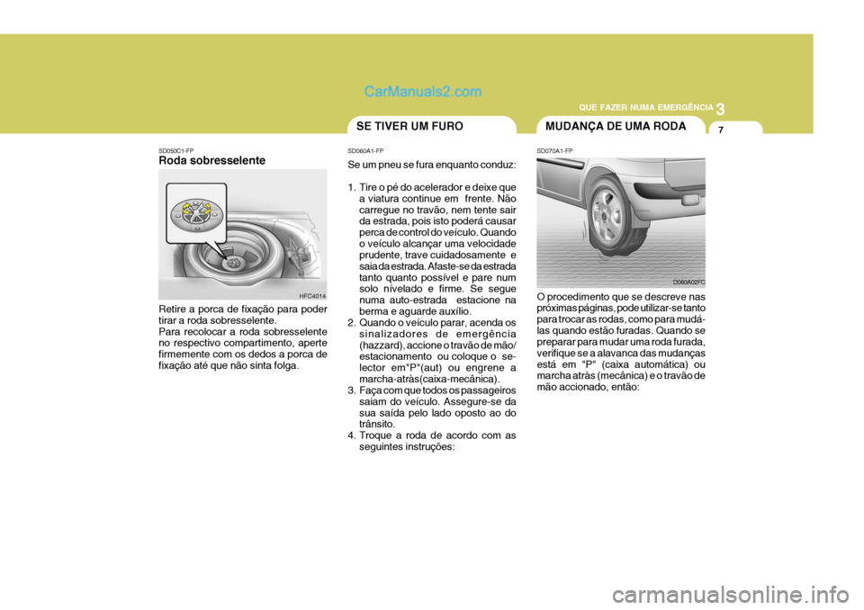 Hyundai Matrix 2007 Manual do proprietário (in Portuguese) 3
QUE FAZER NUMA EMERGÊNCIA
7SE TIVER UM FURO
SD050C1-FP Roda sobresselente
Retire a porca de fixação para poder tirar a roda sobresselente.Para recolocar a roda sobresselente no respectivo compart Hyundai Matrix 2007 Manual do proprietário (in Portuguese) 3
QUE FAZER NUMA EMERGÊNCIA
7SE TIVER UM FURO
SD050C1-FP Roda sobresselente
Retire a porca de fixação para poder tirar a roda sobresselente.Para recolocar a roda sobresselente no respectivo compart