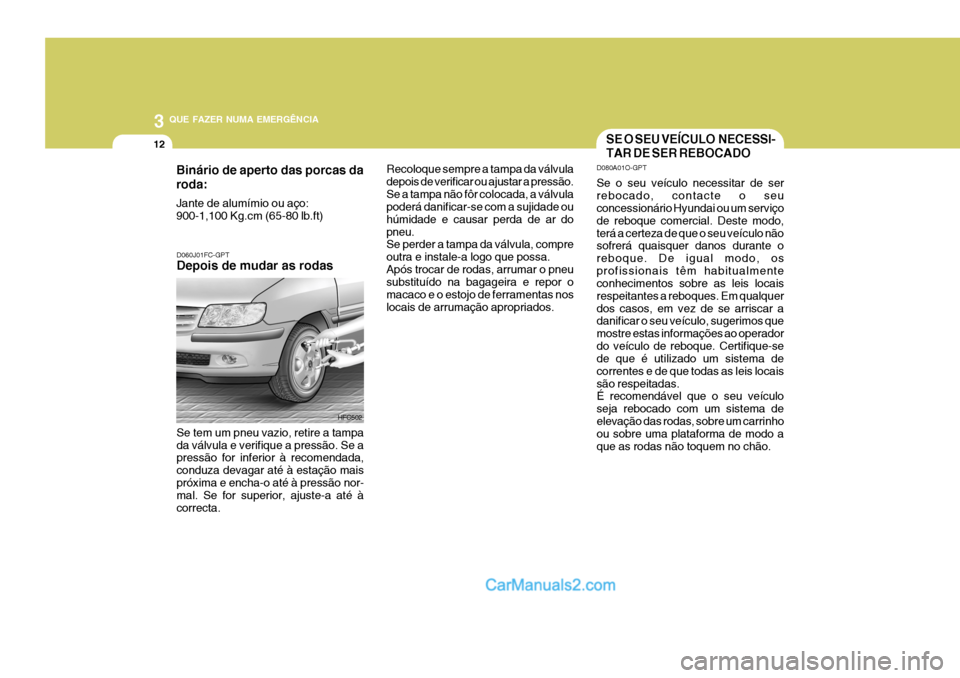Hyundai Matrix 2007 Manual do proprietário (in Portuguese) 3 QUE FAZER NUMA EMERGÊNCIA
12
Recoloque sempre a tampa da válvula depois de verificar ou ajustar a pressão.Se a tampa não fôr colocada, a válvula poderá danificar-se com a sujidade ou húmidad Hyundai Matrix 2007 Manual do proprietário (in Portuguese) 3 QUE FAZER NUMA EMERGÊNCIA
12
Recoloque sempre a tampa da válvula depois de verificar ou ajustar a pressão.Se a tampa não fôr colocada, a válvula poderá danificar-se com a sujidade ou húmidad
