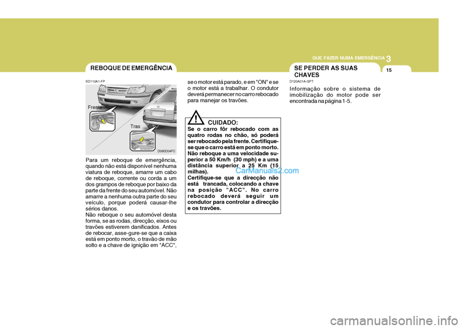 Hyundai Matrix 2007 Manual do proprietário (in Portuguese) 3
QUE FAZER NUMA EMERGÊNCIA
15
!
REBOQUE DE EMERGÊNCIA
SD110A1-FP Para um reboque de emergência, quando não está disponível nenhuma viatura de reboque, amarre um cabode reboque, corrente ou cord Hyundai Matrix 2007 Manual do proprietário (in Portuguese) 3
QUE FAZER NUMA EMERGÊNCIA
15
!
REBOQUE DE EMERGÊNCIA
SD110A1-FP Para um reboque de emergência, quando não está disponível nenhuma viatura de reboque, amarre um cabode reboque, corrente ou cord