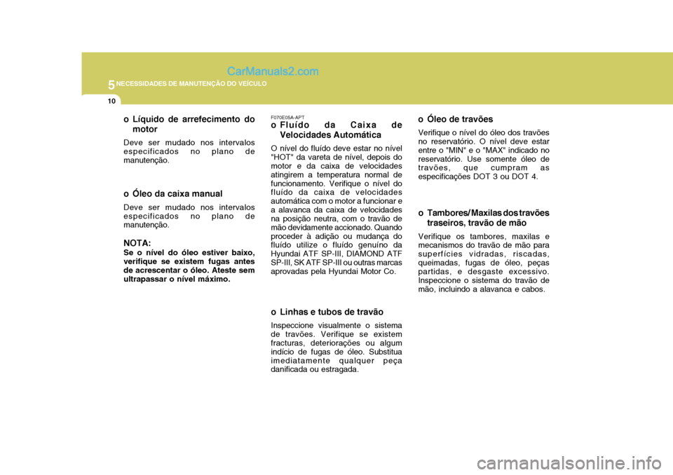 Hyundai Matrix 2007 Manual do proprietário (in Portuguese) 5NECESSIDADES DE MANUTENÇÃO DO VEÍCULO
10
o Linhas e tubos de travãoInspeccione visualmente o sistema de travões. Verifique se existem fracturas, deteriorações ou algum indício de fugas de ól Hyundai Matrix 2007 Manual do proprietário (in Portuguese) 5NECESSIDADES DE MANUTENÇÃO DO VEÍCULO
10
o Linhas e tubos de travãoInspeccione visualmente o sistema de travões. Verifique se existem fracturas, deteriorações ou algum indício de fugas de ól