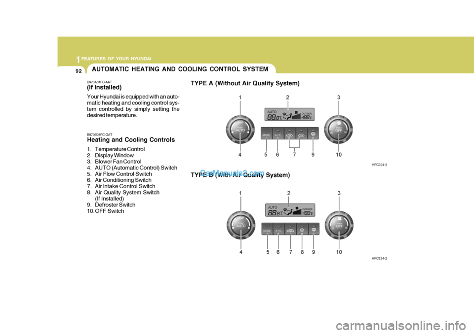 Hyundai Matrix 2006  Owners Manual 1FEATURES OF YOUR HYUNDAI
92AUTOMATIC HEATING AND COOLING CONTROL SYSTEM
B970A01FC-AAT (If lnstalled) Your Hyundai is equipped with an auto- matic heating and cooling control sys-tem controlled by sim