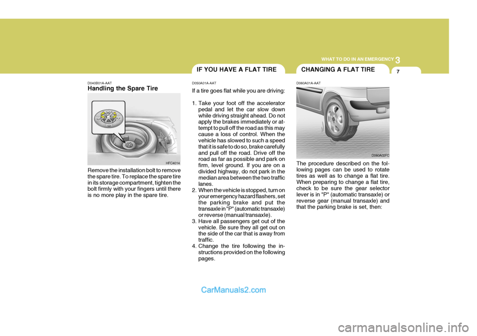 Hyundai Matrix 2006  Owners Manual 3
WHAT TO DO IN AN EMERGENCY
7IF YOU HAVE A FLAT TIRE
D040B01A-AAT Handling the Spare Tire
Remove the installation bolt to remove the spare tire. To replace the spare tirein its storage compartment, t