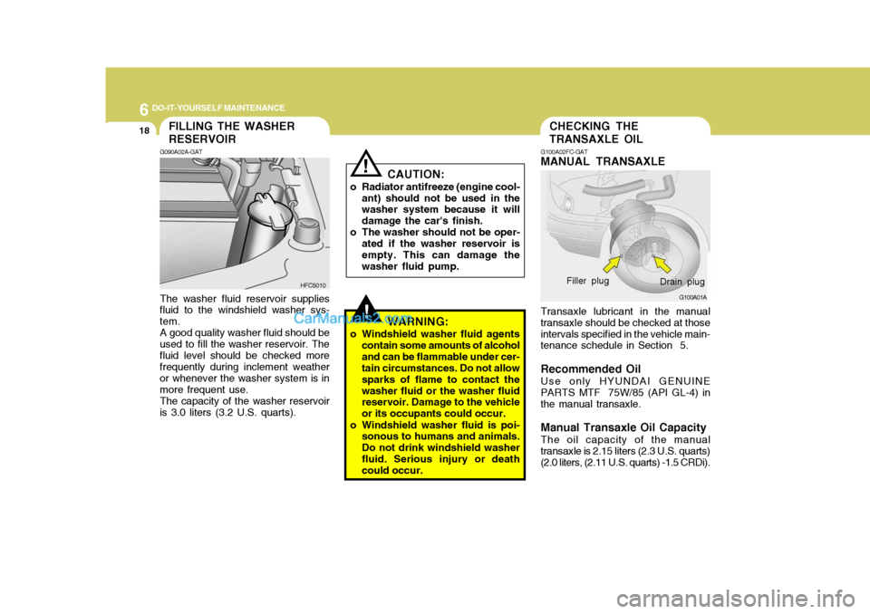 Hyundai Matrix 2006  Owners Manual 6 DO-IT-YOURSELF MAINTENANCE
18CHECKING THE TRANSAXLE OIL
!
CAUTION:
o Radiator antifreeze (engine cool- ant) should not be used in the washer system because it will damage the cars finish.
o The was