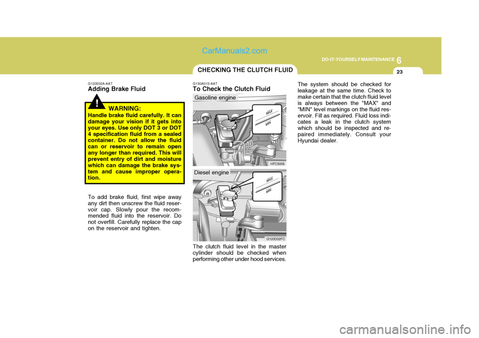 Hyundai Matrix 2006 Service Manual 6
DO-IT-YOURSELF MAINTENANCE
23CHECKING THE CLUTCH FLUID
The system should be checked for leakage at the same time. Check tomake certain that the clutch fluid level is always between the "MAX" and "MI