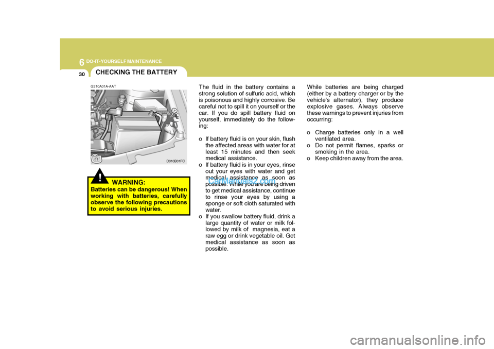 Hyundai Matrix 2006  Owners Manual 6 DO-IT-YOURSELF MAINTENANCE
30
The fluid in the battery contains a
strong solution of sulfuric acid, which is poisonous and highly corrosive. Be careful not to spill it on yourself or the car. If you