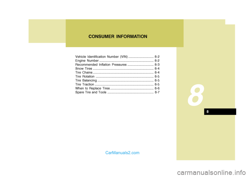 Hyundai Matrix 2006  Owners Manual Vehicle Identification Number (VIN) ............................ 8-2 
Engine Number ............................................................ 8-2
Recommended Inflation Pressures ...................