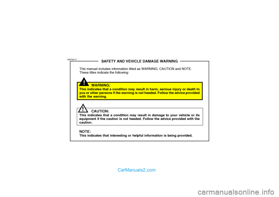 Hyundai Matrix 2006  Owners Manual !
SAFETY AND VEHICLE DAMAGE WARNING
This manual includes information titled as WARNING, CAUTION and NOTE. These titles indicate the following:
WARNING:
This indicates that a condition may result in ha