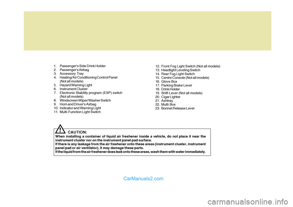 Hyundai Matrix 2006 Owners Guide CAUTION:
When installing a container of liquid air freshener inside a vehicle, do not place it near the instrument cluster nor on the instrument panel pad surface. If there is any leakage from the air Hyundai Matrix 2006 Owners Guide CAUTION:
When installing a container of liquid air freshener inside a vehicle, do not place it near the instrument cluster nor on the instrument panel pad surface. If there is any leakage from the air
