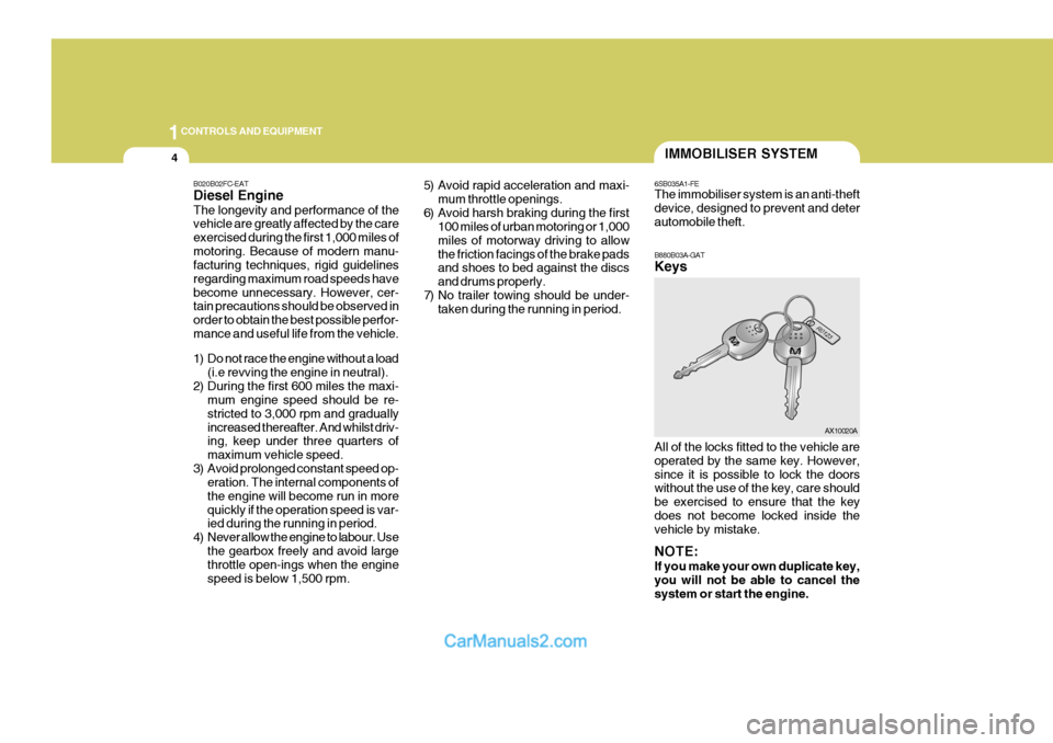 Hyundai Matrix 2006  Owners Manual 1CONTROLS AND EQUIPMENT
4IMMOBILISER SYSTEM
B020B02FC-EAT Diesel Engine The longevity and performance of the vehicle are greatly affected by the care exercised during the first 1,000 miles ofmotoring.