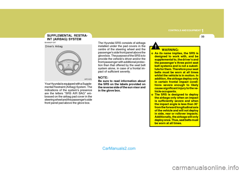 Hyundai Matrix 2006 Owners Manual 1
CONTROLS AND EQUIPMENT
33
!
SUPPLEMENTAL RESTRA- INT (AIRBAG) SYSTEM
HFC1073
Drivers Airbag
B240A02F-EAT Your Hyundai is equipped with a Supple- mental Restraint (Airbag) System. The indications of Hyundai Matrix 2006 Owners Manual 1
CONTROLS AND EQUIPMENT
33
!
SUPPLEMENTAL RESTRA- INT (AIRBAG) SYSTEM
HFC1073
Drivers Airbag
B240A02F-EAT Your Hyundai is equipped with a Supple- mental Restraint (Airbag) System. The indications of