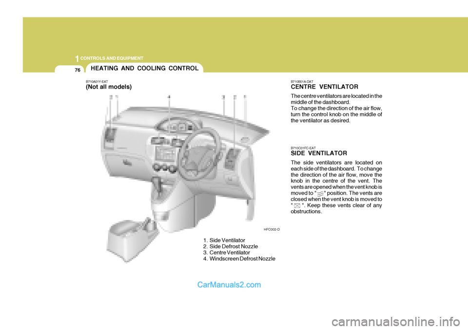 Hyundai Matrix 2006  Owners Manual 1CONTROLS AND EQUIPMENT
76
B710A01Y-EAT (Not all models)HEATING AND COOLING CONTROLB710B01A-DAT CENTRE VENTILATOR The centre ventilators are located in the middle of the dashboard.To change the direct