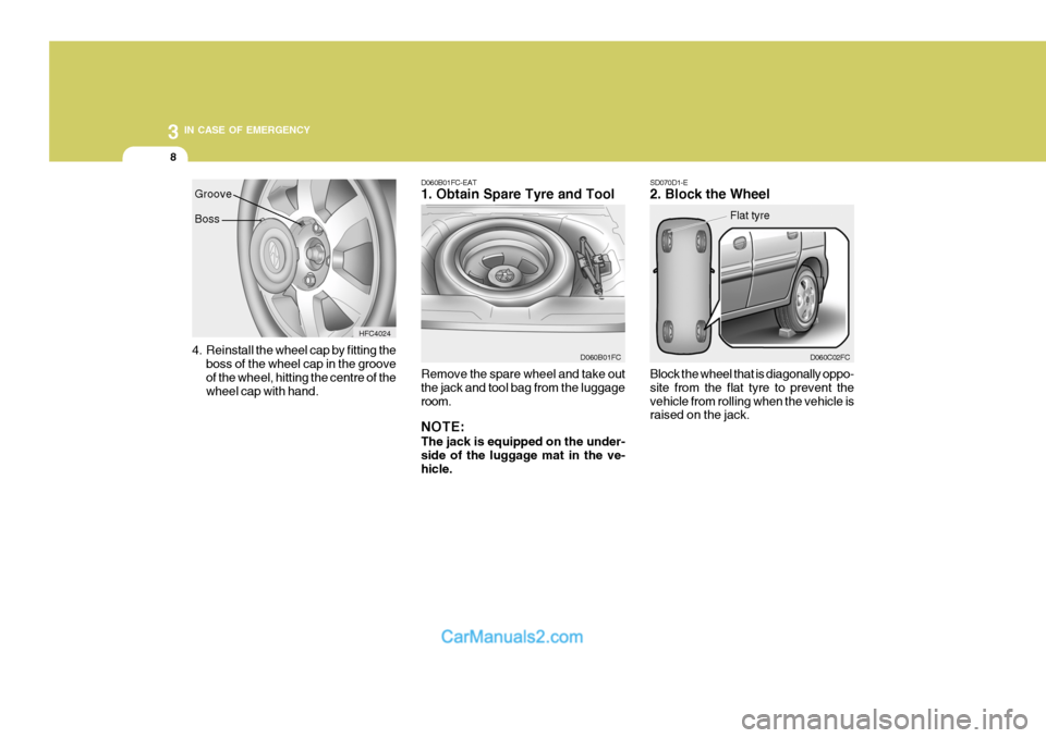 Hyundai Matrix 2006 Owners Manual 3 IN CASE OF EMERGENCY
8
SD070D1-E 2. Block the Wheel Block the wheel that is diagonally oppo- site from the flat tyre to prevent thevehicle from rolling when the vehicle is raised on the jack. D060C0 Hyundai Matrix 2006 Owners Manual 3 IN CASE OF EMERGENCY
8
SD070D1-E 2. Block the Wheel Block the wheel that is diagonally oppo- site from the flat tyre to prevent thevehicle from rolling when the vehicle is raised on the jack. D060C0