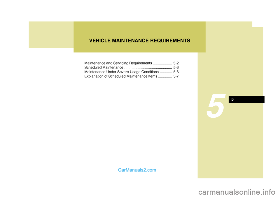 Hyundai Matrix 2006 Owners Manual Maintenance and Servicing Requirements ................... 5-2
Scheduled Maintenance ............................................... 5-3
Maintenance Under Severe Usage Conditions ............ 5-6
Exp Hyundai Matrix 2006 Owners Manual Maintenance and Servicing Requirements ................... 5-2
Scheduled Maintenance ............................................... 5-3
Maintenance Under Severe Usage Conditions ............ 5-6
Exp