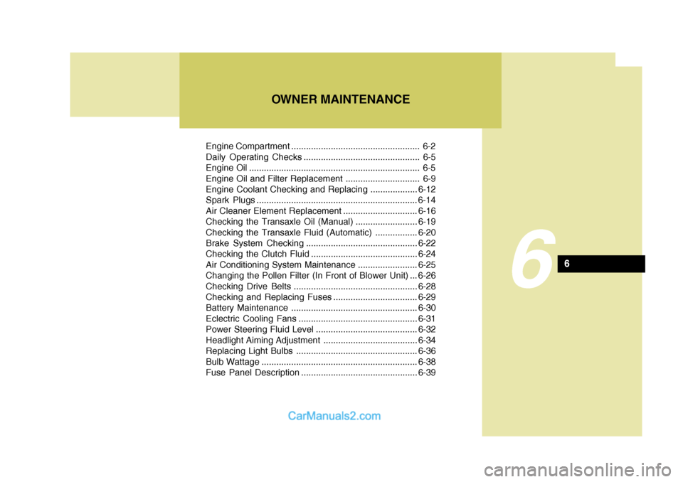 Hyundai Matrix 2006  Owners Manual Engine Compartment .................................................... 6-2 
Daily Operating Checks ............................................... 6-5
Engine Oil .....................................