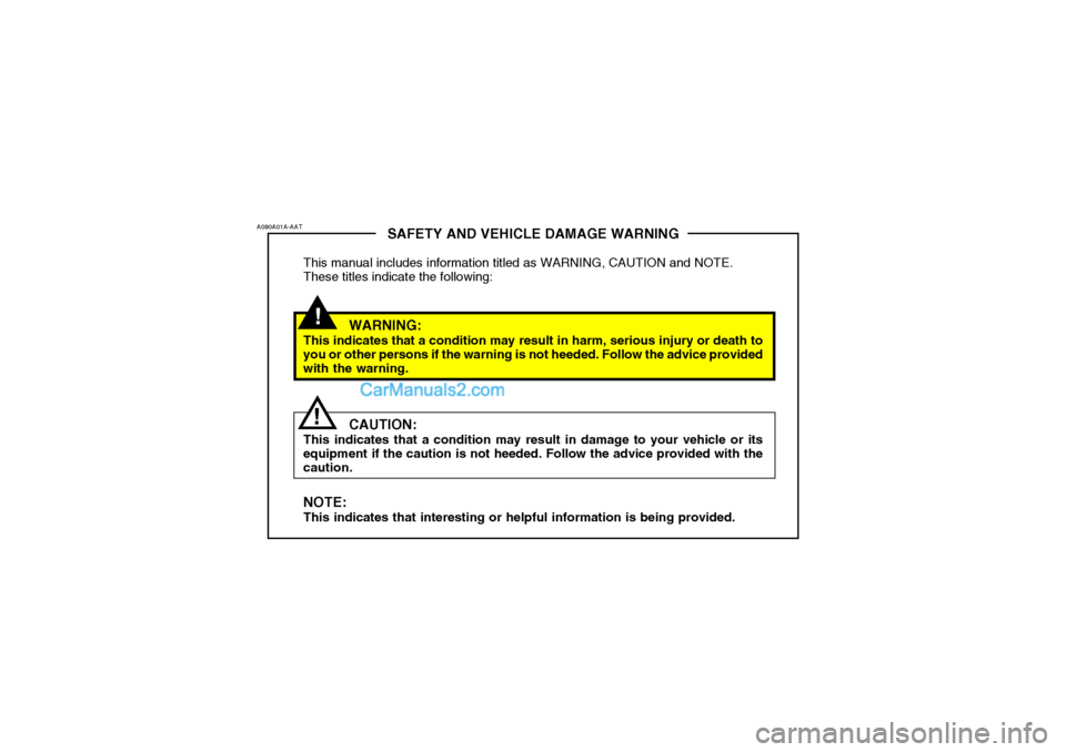 Hyundai Matrix 2006  Owners Manual !
SAFETY AND VEHICLE DAMAGE WARNING
This manual includes information titled as WARNING, CAUTION and NOTE. These titles indicate the following:
WARNING:
This indicates that a condition may result in ha