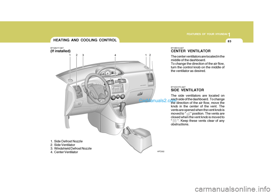 Hyundai Matrix 2006  Owners Manual 1
FEATURES OF YOUR HYUNDAI
83
1
FEATURES OF YOUR HYUNDAI
83HEATING AND COOLING CONTROL
B710A01Y-GAT (If installed)
HFC002B710B01A-AATCENTER VENTILATOR The center ventilators are located in the middle 