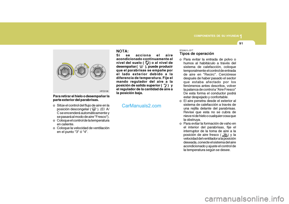 Hyundai Matrix 2006 Manual del propietario (in Spanish) 1
COMPONENTES DE SU HYUNDAI
91
B730A01L-GYTTipos de operacióno Para evitar la entrada de polvo o
humos al habitáculo a través del
sistema de calefacción, coloque
temporalmente el control de entrad Hyundai Matrix 2006 Manual del propietario (in Spanish) 1
COMPONENTES DE SU HYUNDAI
91
B730A01L-GYTTipos de operacióno Para evitar la entrada de polvo o
humos al habitáculo a través del
sistema de calefacción, coloque
temporalmente el control de entrad