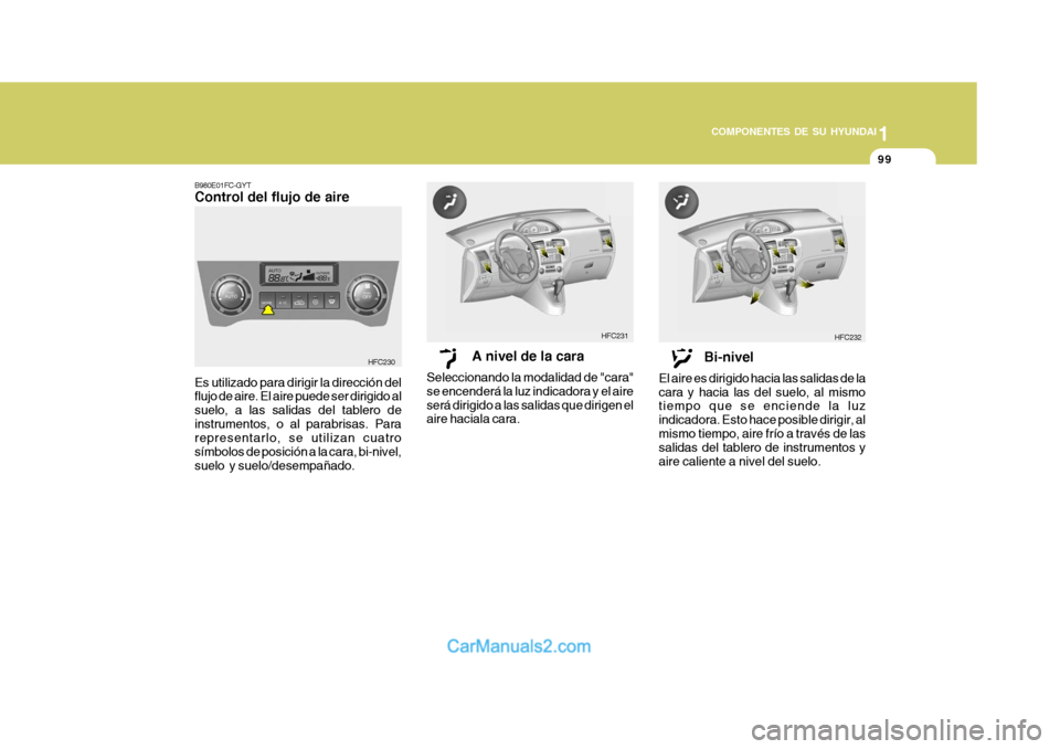 Hyundai Matrix 2006 Manual del propietario (in Spanish) 1
COMPONENTES DE SU HYUNDAI
99
B980E01FC-GYTControl del flujo de aireEs utilizado para dirigir la dirección del
flujo de aire. El aire puede ser dirigido al
suelo, a las salidas del tablero de
instru Hyundai Matrix 2006 Manual del propietario (in Spanish) 1
COMPONENTES DE SU HYUNDAI
99
B980E01FC-GYTControl del flujo de aireEs utilizado para dirigir la dirección del
flujo de aire. El aire puede ser dirigido al
suelo, a las salidas del tablero de
instru