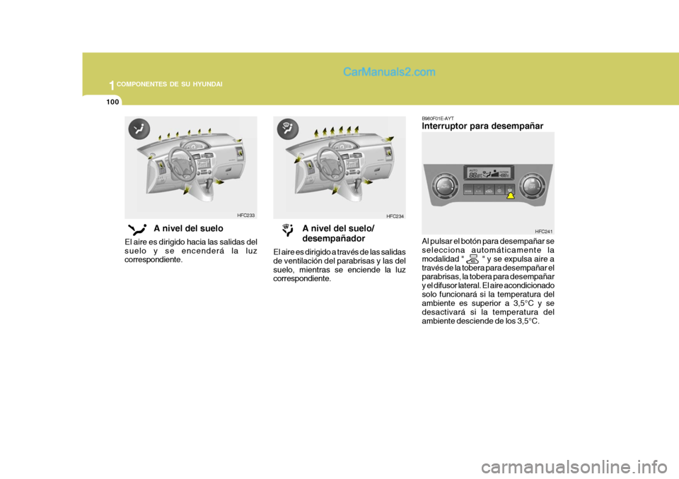Hyundai Matrix 2006 Manual del propietario (in Spanish) 1COMPONENTES DE SU HYUNDAI
100
B980F01E-AYTInterruptor para desempañarAl pulsar el botón para desempañar se
selecciona automáticamente la
modalidad " " y se expulsa aire a
través de la tob Hyundai Matrix 2006 Manual del propietario (in Spanish) 1COMPONENTES DE SU HYUNDAI
100
B980F01E-AYTInterruptor para desempañarAl pulsar el botón para desempañar se
selecciona automáticamente la
modalidad " " y se expulsa aire a
través de la tob