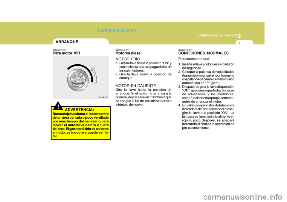 Hyundai Matrix 2006 Manual del propietario (in Spanish) 2
CONDUCIENDO SU HYUNDAI
5
!ARRANQUEC050A01A-AYTPara motor MFI
C050A01E
ADVERTENCIA:
Nunca deje funcionar el motor dentro
de un área cerrada o poco ventilada
por más tiempo del necesario para
mover Hyundai Matrix 2006 Manual del propietario (in Spanish) 2
CONDUCIENDO SU HYUNDAI
5
!ARRANQUEC050A01A-AYTPara motor MFI
C050A01E
ADVERTENCIA:
Nunca deje funcionar el motor dentro
de un área cerrada o poco ventilada
por más tiempo del necesario para
mover