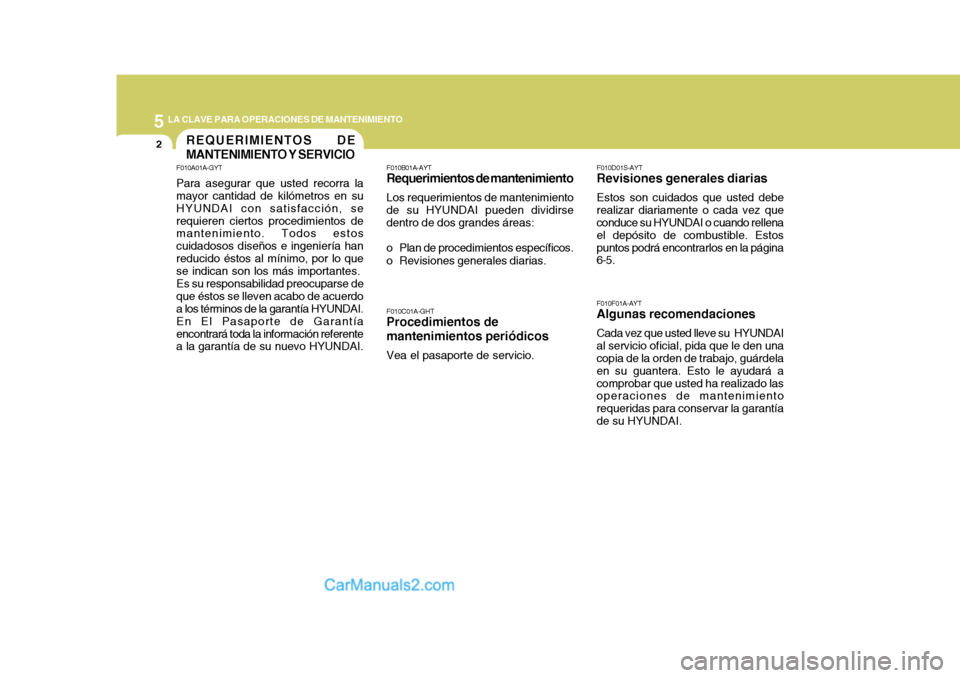 Hyundai Matrix 2006 Manual del propietario (in Spanish) 5
LA CLAVE PARA OPERACIONES DE MANTENIMIENTO2
REQUERIMIENTOS DE
MANTENIMIENTO Y SERVICIO
F010D01S-AYTRevisiones generales diariasEstos son cuidados que usted debe
realizar diariamente o cada vez que
Hyundai Matrix 2006 Manual del propietario (in Spanish) 5
LA CLAVE PARA OPERACIONES DE MANTENIMIENTO2
REQUERIMIENTOS DE
MANTENIMIENTO Y SERVICIO
F010D01S-AYTRevisiones generales diariasEstos son cuidados que usted debe
realizar diariamente o cada vez que